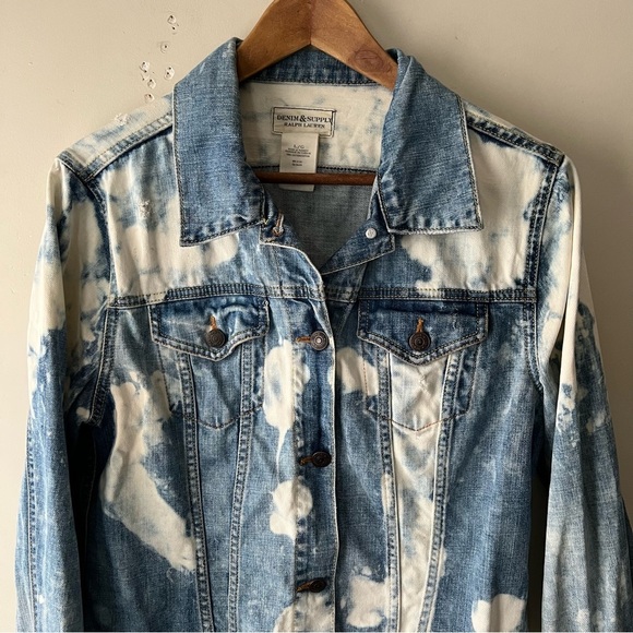 Ralph Lauren Denim & Supply Women’s Bleach Dye Distressed Trucker Jean Jacket L - Picture 3 of 10
